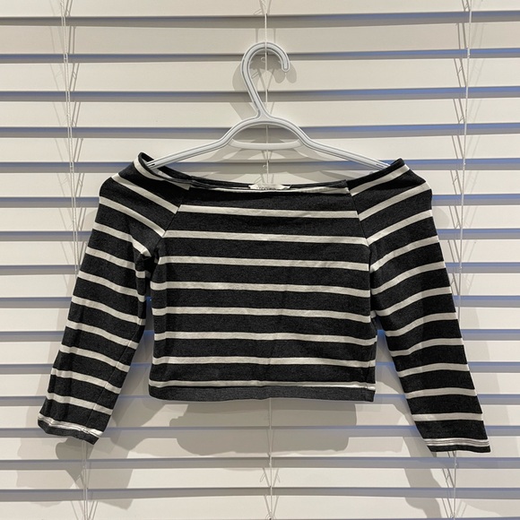 Grey & White Striped Long Sleeve Off The Shoulder Tight Shirt - Picture 1 of 1
